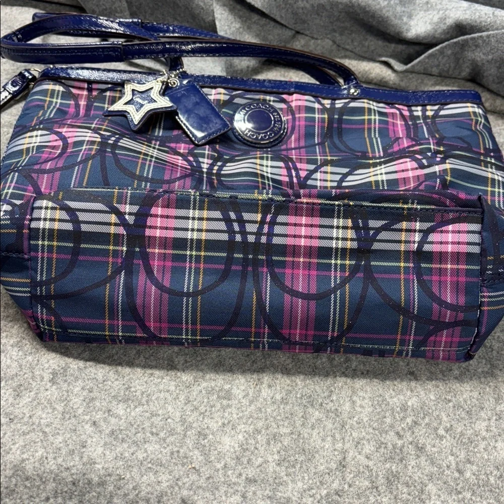 Coach Poppy leather trim Tartan Plaid Signature Bag Pink Purple Black Purse Bag